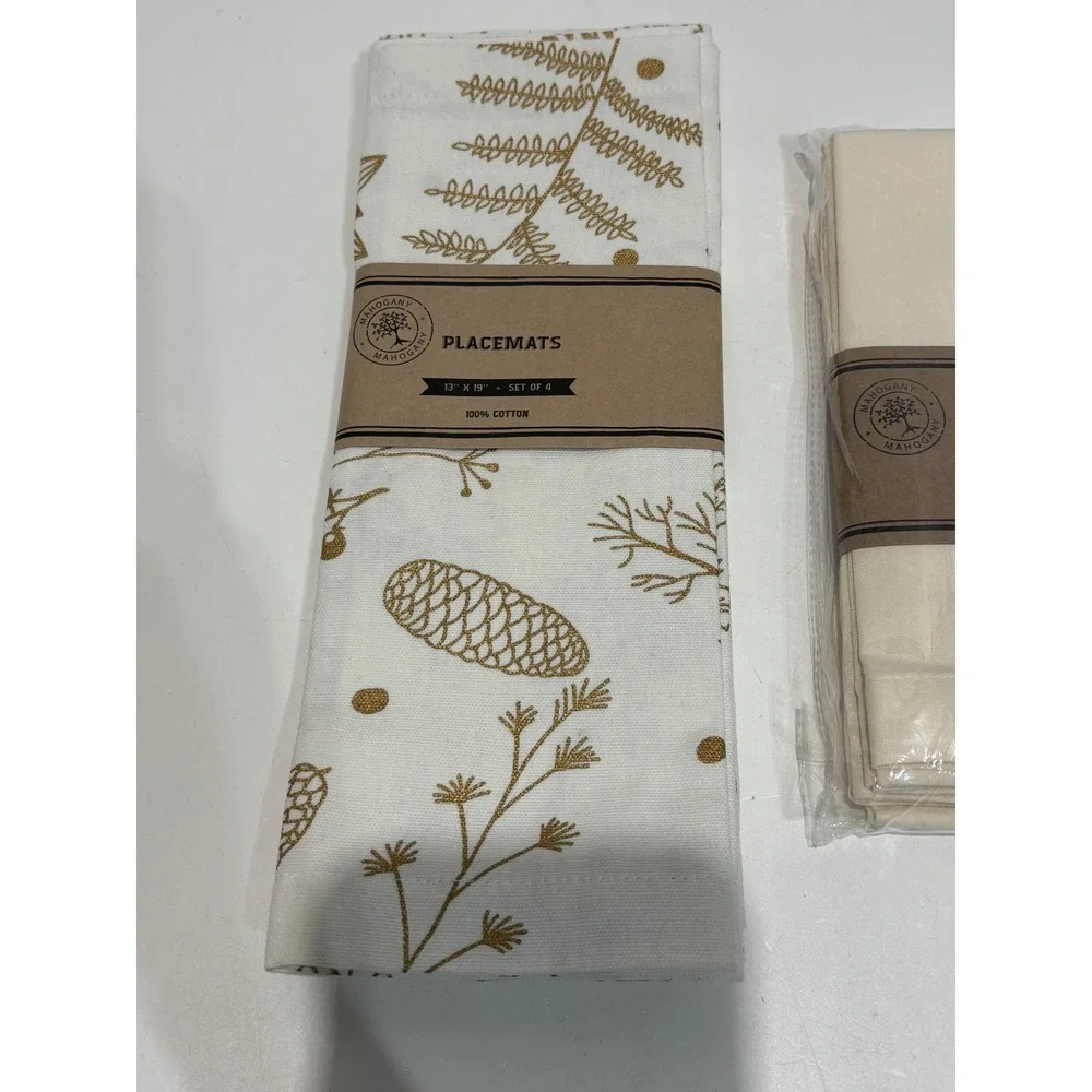 Mahogany 4 Placemats 4 Napkins Set 8pc White Gold Pinecone Cotton Holiday Decor